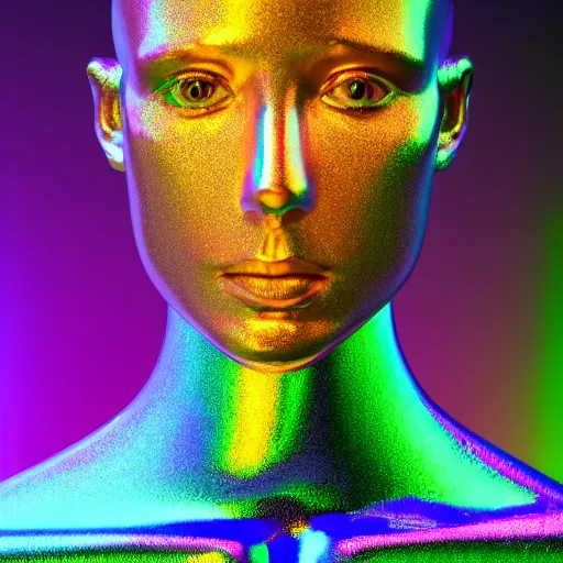 Image similar to 3d render of holographic human robotic head made of glossy iridescent, surrealistic 3d illustration of a human face non-binary, non binary model, 3d model human, cryengine, made of holographic texture, holographic material, holographic rainbow, concept of cyborg and artificial intelligence