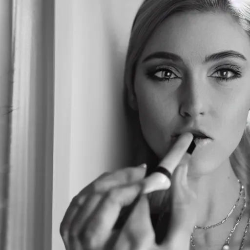 Image similar to Live Action Still of Jerma985 in a film of a beautiful model woman smoking a cigarette by the window, black and white, hyperrealistic, ultra realistic, realistic, highly detailed, epic, HD quality, 8k resolution, body and headshot, film still