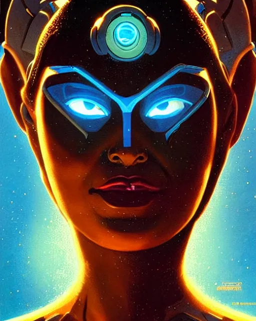 Image similar to symmetra from overwatch, character portrait, portrait, close up, concept art, intricate details, highly detailed, vintage sci - fi poster, retro future, in the style of chris foss, rodger dean, moebius, michael whelan, and gustave dore