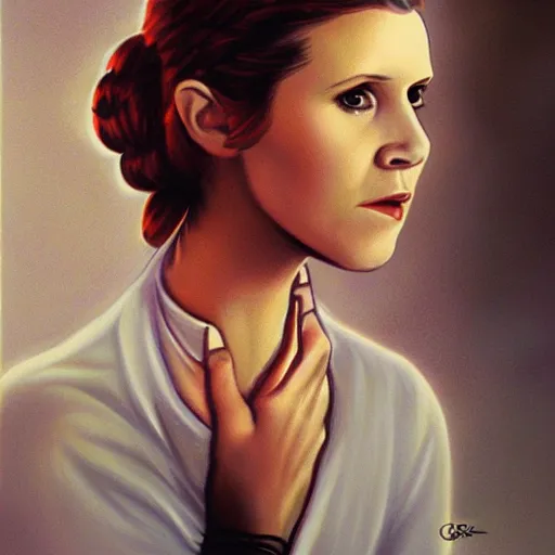 Prompt: portrait of young carrie fisher by greg ruthkowski