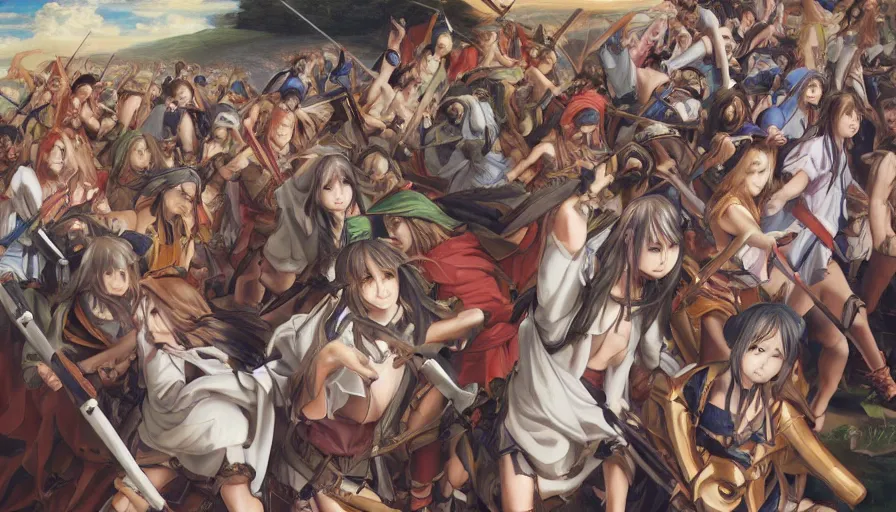 Prompt: jesus christ our lord leading an army of anime girls into battle, photorealistic, anime, mini skirt, long hair, renaissance painting, hyper real, detailed, closeup shot, ultra detailed