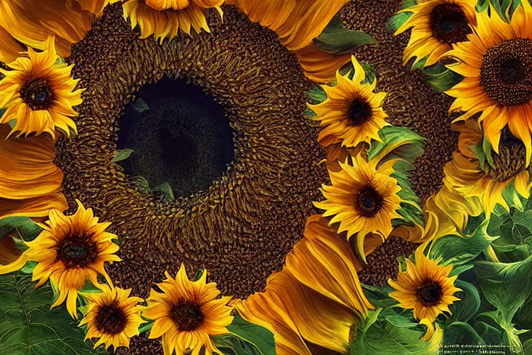 Prompt: Sunflowers and a Temple of Solstice's Power, intricate, elegant, highly detailed, digital painting, artstation, concept art, smooth, sharp focus, hyperrealistic