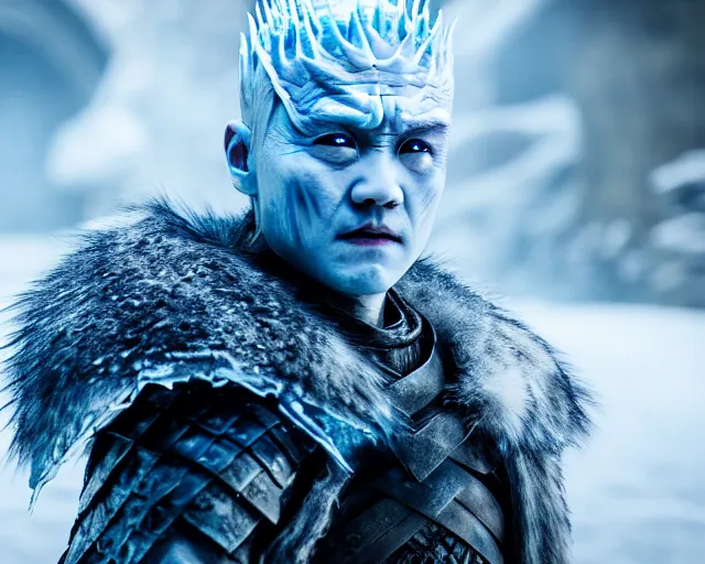 Prompt: clear ice block of justin sun as night king in game of thrones, 4 k, epic, cinematic, focus, movie still, fantasy, extreme detail, atmospheric, dark colour, sharp focus