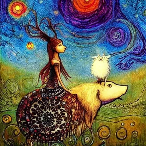 Image similar to decorative by alexander jansson, by keith mallett. a beautiful performance art of a woman with long flowing hair, wild animals, & a dark, starry night sky.