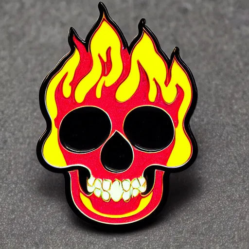 Prompt: a retro minimalistic wide smiling skull with fire flame enamel pin, hd, concept art