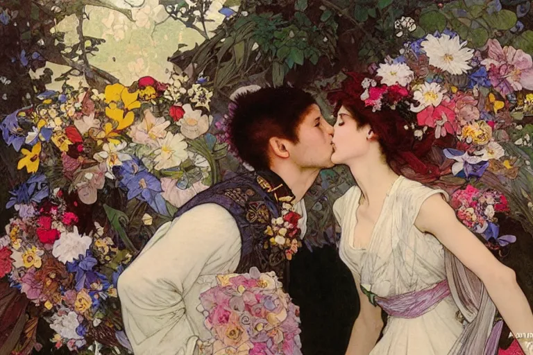 Prompt: the groom kisses the bride at a wedding full of flowers, bright and happy, dreamlike art, highly detail, 4 k realistic, wedding photoy krenz cushart. artem demura. alphonse mucha. yoji shinkawa artgerm. jon lothian. danilo torres. adi meyers. thomas reimann. gaston bussiere.