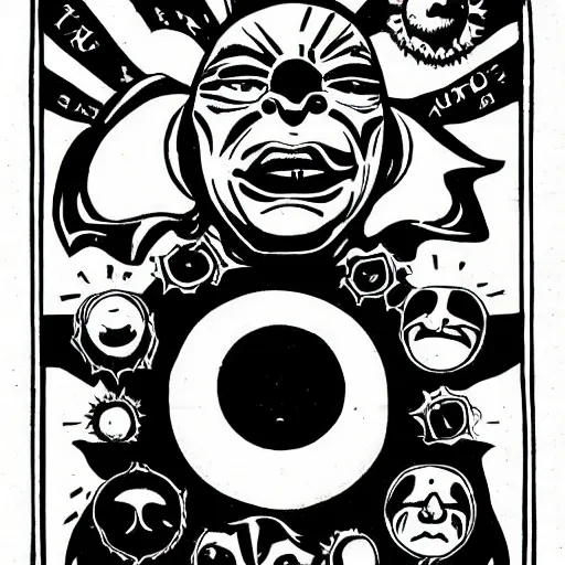 Prompt: The sun with a face. Sun Heraldry. Dark Fantasy, Film Noir, Black and White. High Contrast, Mike Mignola, D&D, OSR