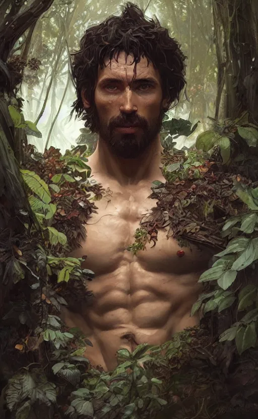 Image similar to god of the forest, 30 years old, rugged, male, gorgeous, detailed face face face face, amazing, thighs thighs thighs thighs, muscular, intricate, highly detailed, digital painting, artstation, concept art, sharp focus, illustration, art by greg rutkowski and alphonse mucha