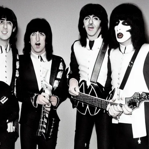 Prompt: the beatles playing together with kiss in a concert