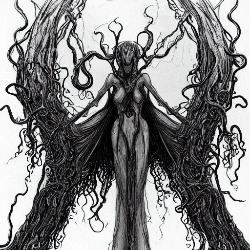 Prompt: concept designs for an ethereal wraith like figure with a squid like parasite latched onto its head and long tentacle arms that flow lazily but gracefully at its sides like a cloak while it floats around a forgotten kingdom in the snow searching for lost souls and that hides amongst the shadows in the trees, this character has hydrokinesis and electrokinesis for the resident evil village video game franchise with inspiration from the franchise Bloodborne and the mind flayer from stranger things on netflix