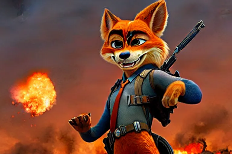 Image similar to nick wilde ( from zootopia ), heavily armed and armored facing down armageddon in a dark and gritty reboot from the makers of mad max : fury road