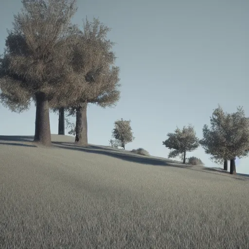 Prompt: trees on the hill with no shadows, without shadows, 3 d render, weird, dreamcore, dream fever, detailed