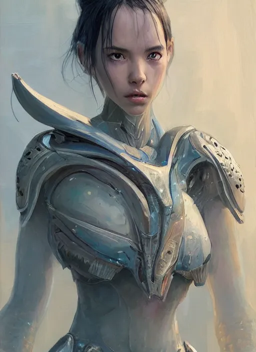 Image similar to a professional painting of a beautiful young female alien, clothed in ethereal armor, olive skin, long dark hair, beautiful bone structure, symmetrical facial features, intricate, elegant, digital painting, concept art, smooth, sharp focus, illustration, from Valerian and the City of a Thousand Planets, by Ruan Jia and Mandy Jurgens and Artgerm and William-Adolphe Bouguerea