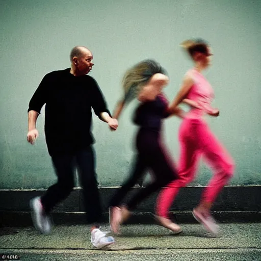 Image similar to “extreme long shot color photographic Two people man and woman running from the exploding piano fear madness. of Wolfgang Tillmans”