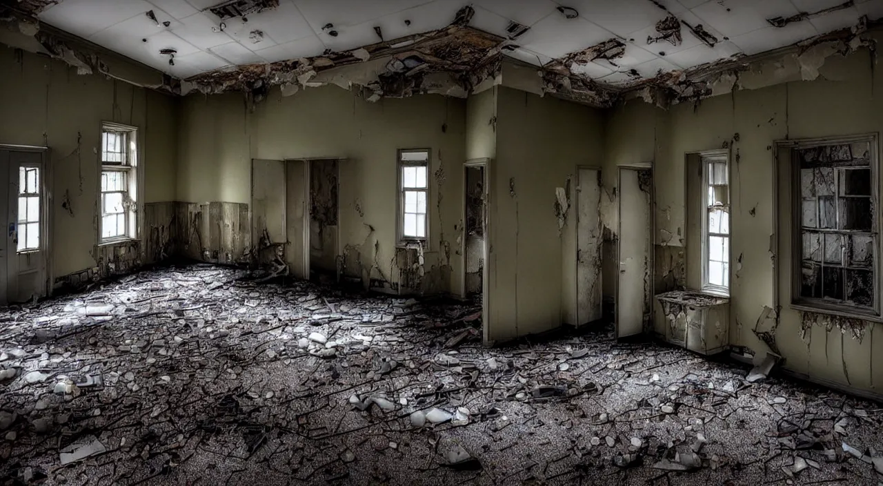 Image similar to photograph of the inside of a rotting abandoned hospital with a checkered floor, dark, no windows, horror | joe biden barely in view in the corner with a demonic grin on his face