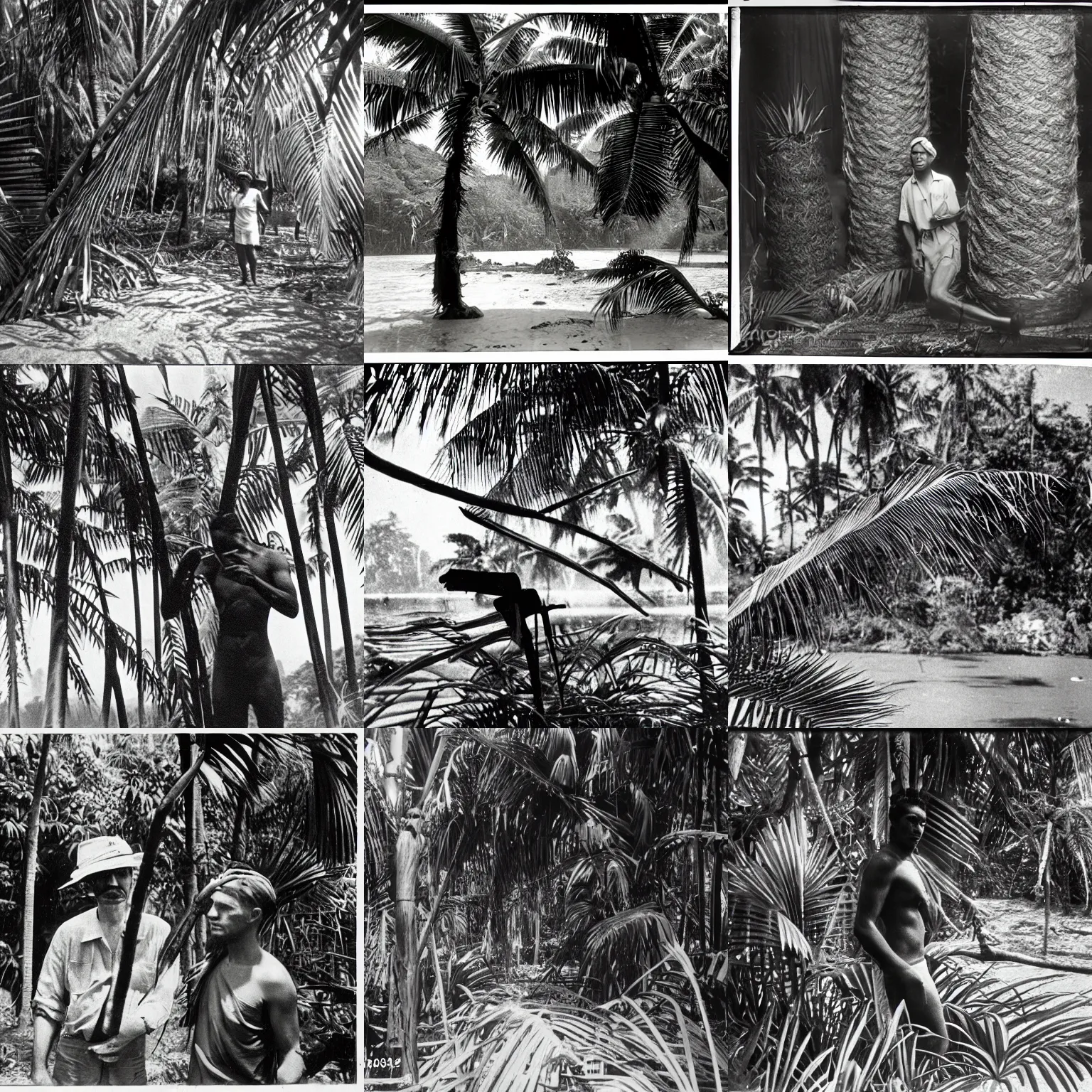 Prompt: lost film footage, pelote en paille de mais, xikrin, bresil, musee d ethongraphie geneve, tropical jungle, film still, cinematic, enhanced, 1 9 2 0 s, black and white, grain