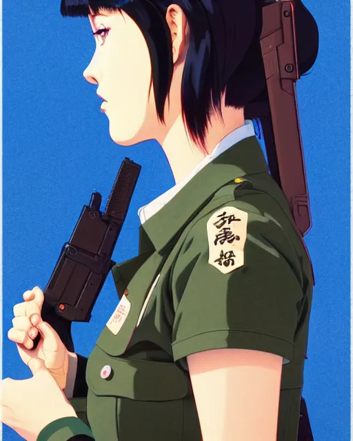 Image similar to girl wearing uniform, holding pistol at side, side view, looking down | | audrey plaza, fine detail!! anime!! realistic shaded lighting!! poster by ilya kuvshinov katsuhiro otomo ghost - in - the - shell, magali villeneuve, artgerm, jeremy lipkin and michael garmash and rob rey