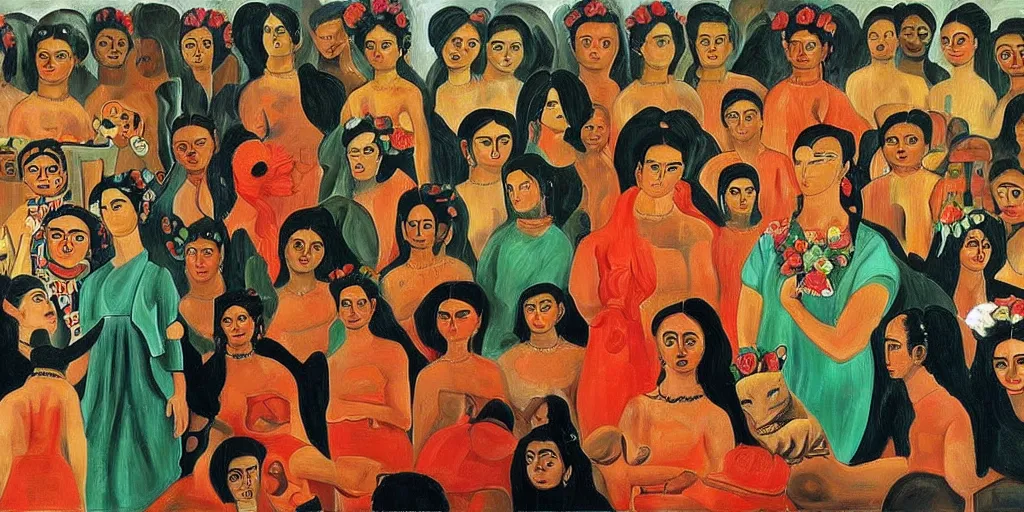 Prompt: The devil runs a group of people's lives in a big circle, Frida painting style.