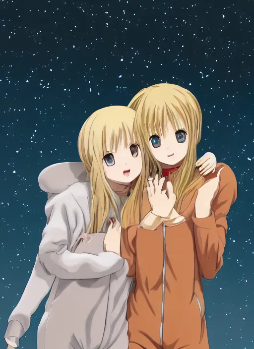 Image similar to highly detailed portrait of one blonde and one brown haired anime girl in onesies hugging each other looking at us, detailed eyes, happy, excited, digital art, cute, anime, detailed faces, well drawn faces, cute faces, hand drawn, 8 k, trending on artstation, official media, in the style of hayao miyazaki