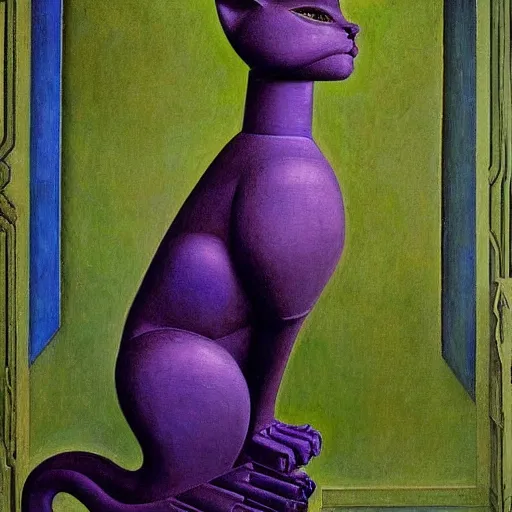 Prompt: ornate robot cat, by annie swynnerton and diego rivera and nicholas roerich and jean delville, symbolist, dramatic lighting, elaborate geometric ornament, art brut, colors are soft greens and blues and purple, smooth, sharp focus, extremely detailed, adolf wolfli and ( donato giancola )