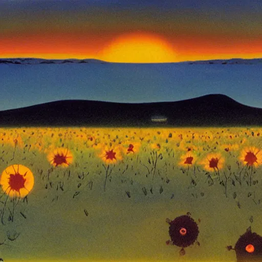 Image similar to Sunrise over the bone filled lands. Dark flower. Painting by Harald Sohlberg