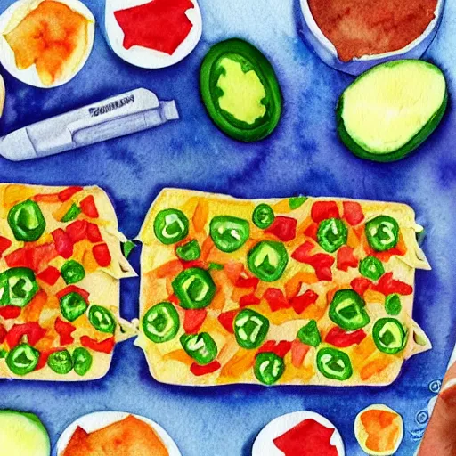 Image similar to watercolor nachos with cheese and jalapeno illustrations, white background, drawing, cartoon, in the style of shyama golden