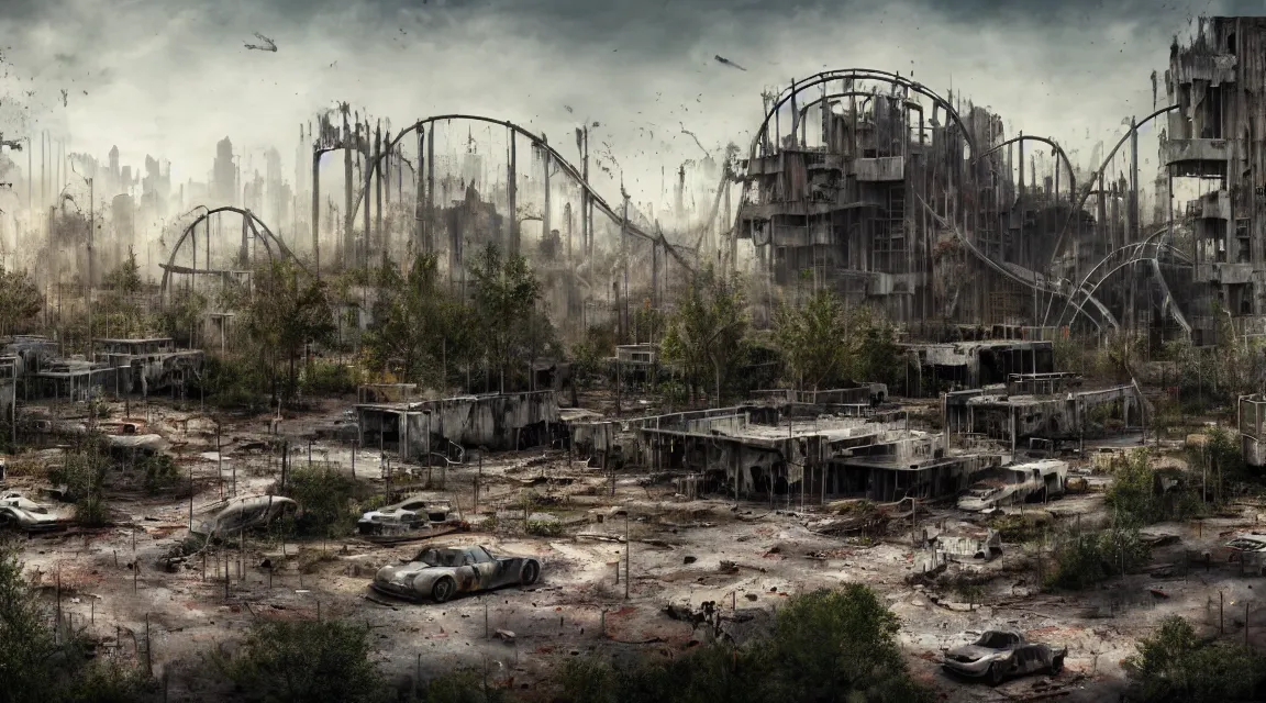 Image similar to post apocalyptic theme park, morning, building, avenue, modern contemporary urban americana concrete architecture, by ricardo bofill, apocalyptic color palette, trending on artstation, photorealistic, wilderness ambiance, ultra detailed, high definition, depth of field, bokeh, rubble, wild vegetation, blood stains, building crumbling