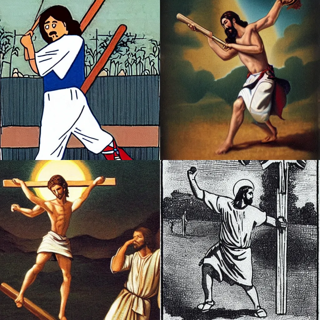 Prompt: Jesus playing baseball with a crucifix instead of a bat