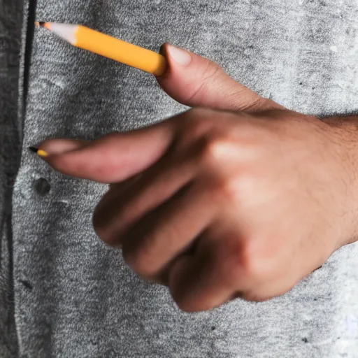 Prompt: a normal male hand with a five-finger ring and a cigarette-shaped pencil between the middle and index fingers