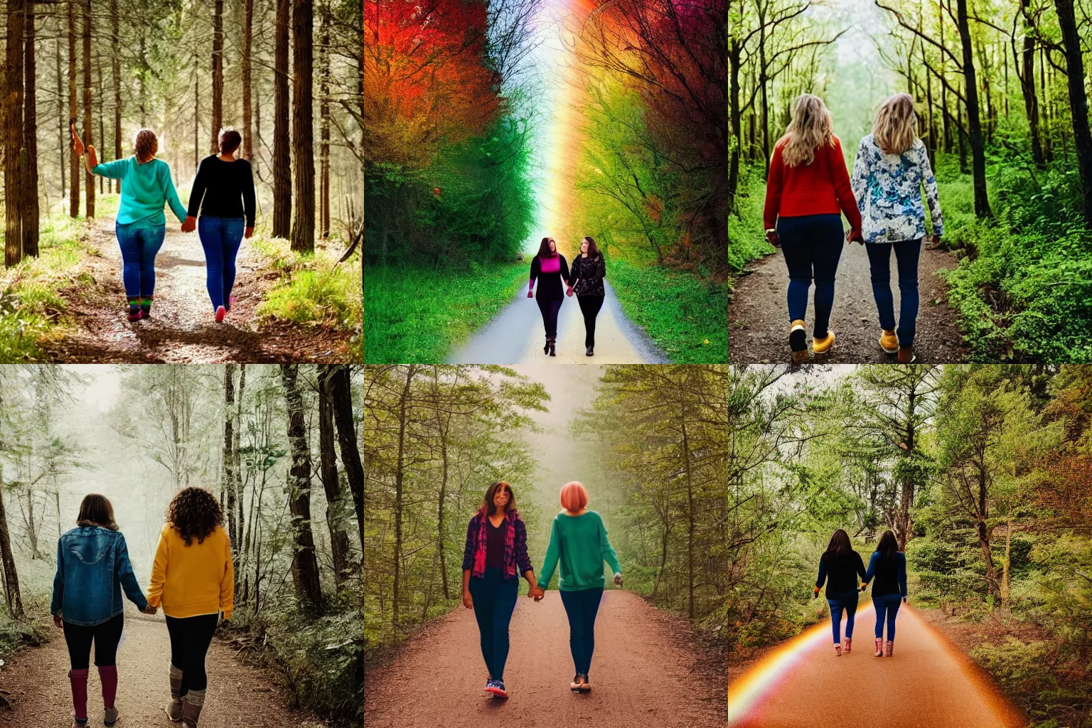 Prompt: a lesbian couple holding hands being happy walking in a beautiful rainbow forest