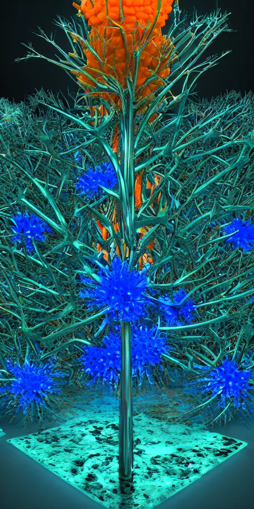 Prompt: 3 d photographic render of a deconstructed flower orange torii mandelbulb sculpture, green bioluminescent chrometype, made of liquid blue metal, neotribal with thorns and blue thunders, cyberpunk japanese temple, raytraced, hyper realistic, volumetric lightning, 8 k, by zhelong xu, ouchh and and innate studio