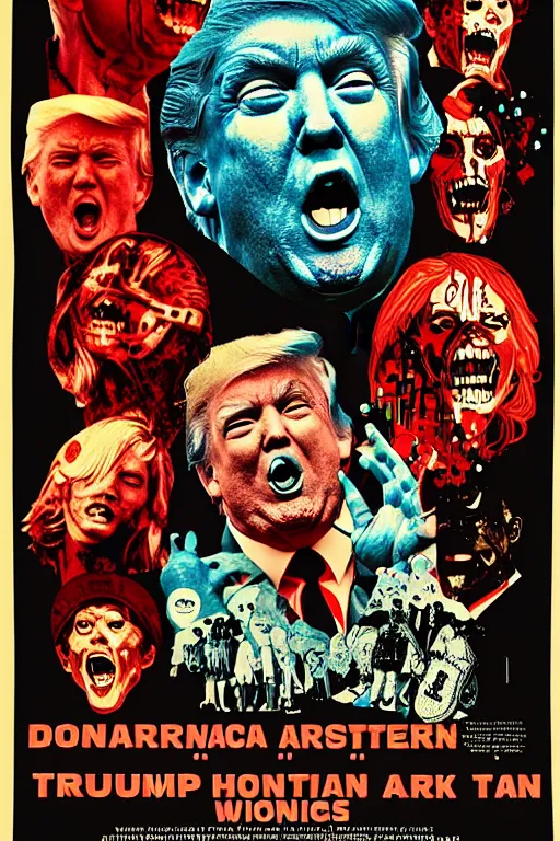 Image similar to Donald Trump as a disgusting monster on a 1970s horror movie poster , vintage 70s print, detailed, scary, horror, screen print, trending on artstation