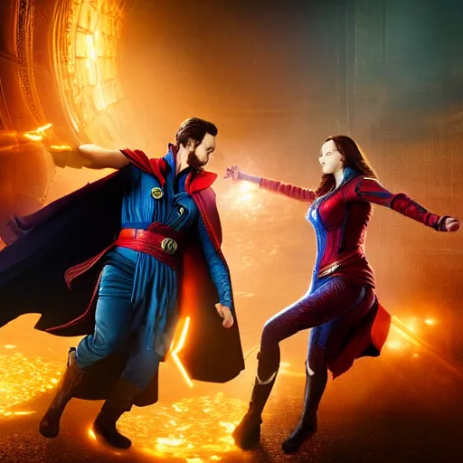 Image similar to Action sequence still of Doctor Strange and Scarlet Witch on the battlefield, fighting, Trending on artstation, photorealistic image, photorealistic imagery, 4k, 8k, movie still, action still