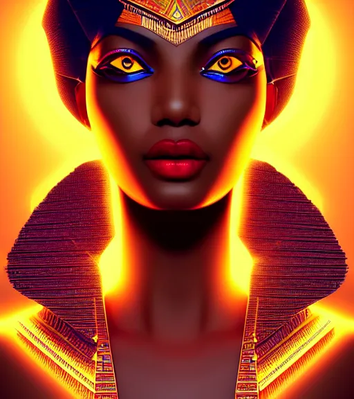 Image similar to symmetry!! egyptian goddess of technology, solid cube of light, hard edges, product render retro - futuristic poster scifi, lasers and neon circuits, brown skin beautiful egyptian goddess, intricate, elegant, highly detailed, digital painting, artstation, concept art, smooth, sharp focus, illustration, dreamlike, art by artgerm