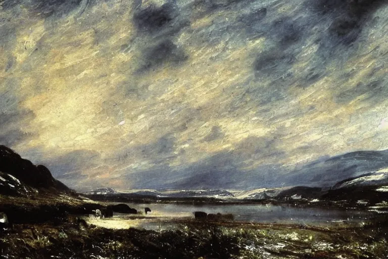 Prompt: a beautiful oil painting of a Scottish Highland winter landscape, evening light, by john constable, beautiful light, detailed, dramatic