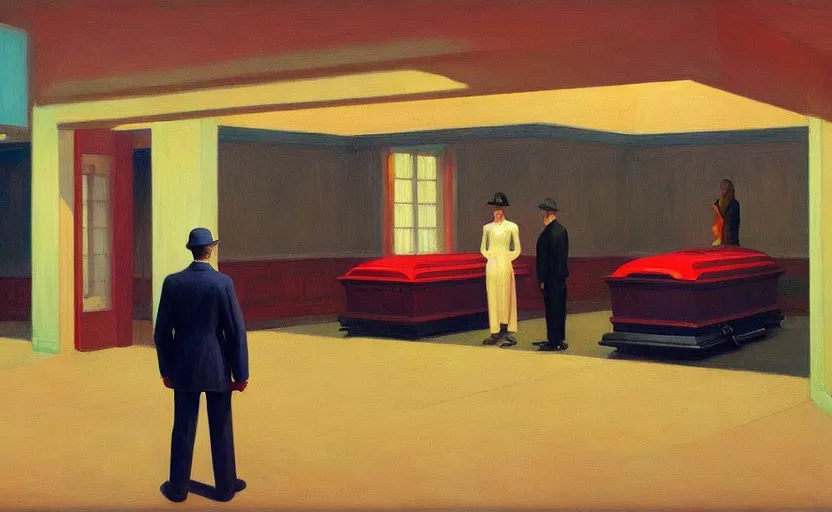 Prompt: Inside a funeral, very coherent, painted by Edward Hopper, Wayne Barlowe, painted by James Gilleard, airbrush, art by JamesJean