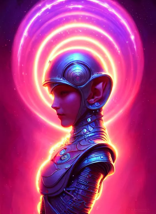 Image similar to a machine elf faceless glowing liquefied stardust adventurer, dnd fantasy character, full body portrait, glowing neon skin, magical aura, ultra realistic, intricate, elegant, highly detailed, digital painting, artstation, smooth, sharp, focus, illustration, art by artgerm and greg rutkowski and alphonse mucha and dan mumford, sacred geometry