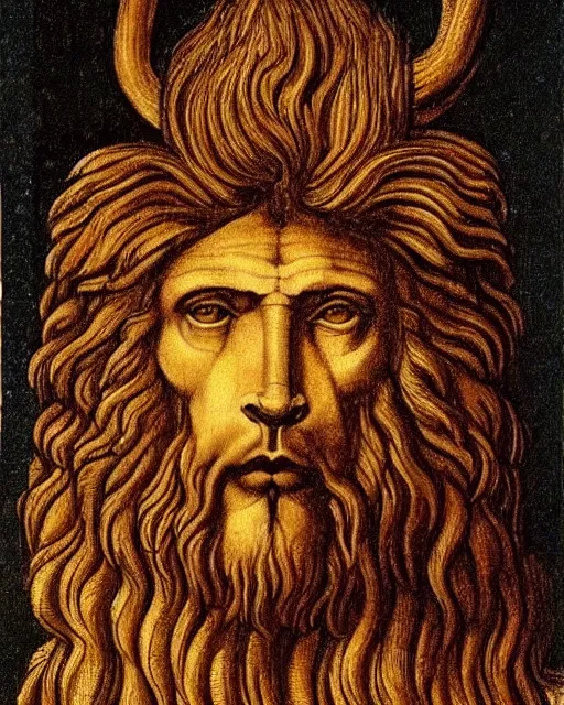 Image similar to four faces in one creature, eagle beak, lion mane, two large horns on the head, jesus face, drawn by da vinci. symmetrical