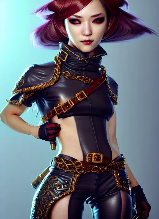 Image similar to rogue, fantasy ornate leather bandit outfit!!! close - up portrait beautiful and athletic short hair female!! gorgeous face and eyes!! character concept art, sharp focus, octane render! unreal engine 5! highly rendered!! trending on artstation!! detailed linework!! illustration by artgerm, wlop, and chie yoshii