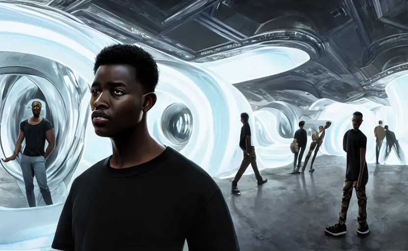 Image similar to portrait of handsome black genius wearing a white t - shirt and camo cargo pants in front several curved holographic displays, luxury condo interior, elegant atmosphere, glowing lights, highly detailed, digital painting, artstation, concept art, smooth, sharp focus, illustration, art by wlop, mars ravelo and greg rutkowski