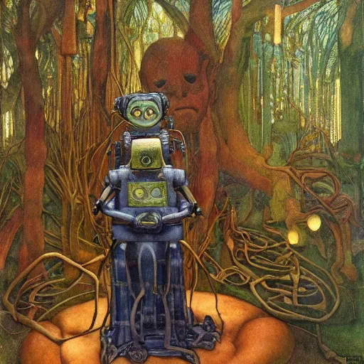 Image similar to robot seizes his forest crown, by Annie Swynnerton and Diego Rivera and Elihu Vedder, symbolist, dramatic lighting, elaborate geometric ornament, tattoos, Art Brut, soft cool colors,smooth, sharp focus, extremely detailed, Adolf Wölfli and Donato Giancola