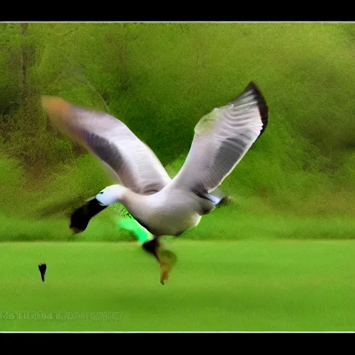 Prompt: a realistic photograph of a goose swinging on a swing, real life