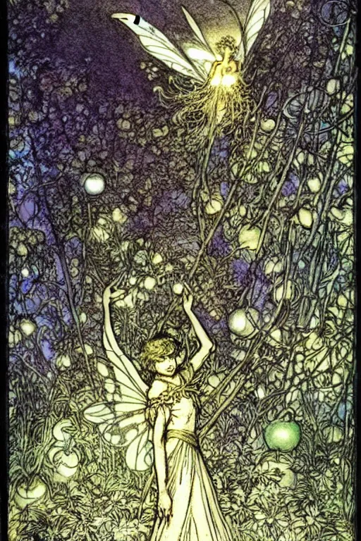 Prompt: one winged fairy in front of a globe of light in an enchanted garden, soft light, pastels, art by barry windsor - smith and charles vess and arthur rackham