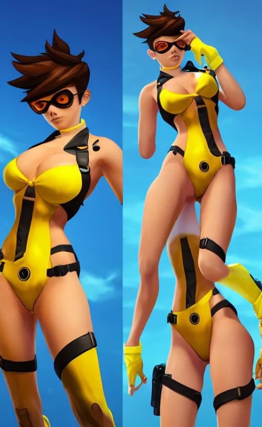 Image similar to tracer game character, in yellow bikini, blonde hair, black eyes, full height