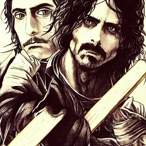 Prompt: pen and ink!!!! attractive 22 year old deus ex Frank Zappa x Jared Leto golden Vagabond!!!! magic swordsman!!!! glides through a beautiful battlefield magic the gathering dramatic esoteric!!!!!! pen and ink!!!!! illustrated in high detail!!!!!!!! by Hiroya Oku!!!!!!!!! Written by Wes Anderson graphic novel published on shonen jump MTG!!! 2049 award winning!!!! full body portrait!!!!! action exposition manga panel