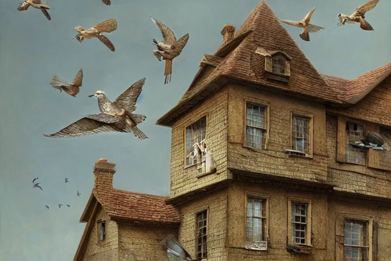 Image similar to a house with birds flying on too of it, insanely detailed, Michael Sowa, 3D rendering