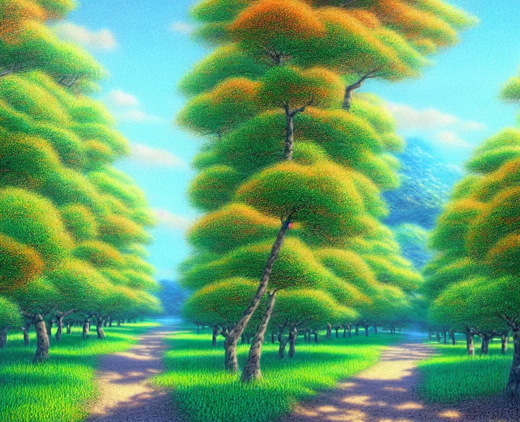 Prompt: a landscape pastel in the style of noriyoshi ohrai, mark tedin and bob ross of an orchard where all the trees are made of chrome metal. a path leads through th eorchard key art. 4 k retrofuturistic fantasy