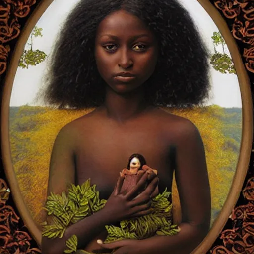 Image similar to dark skinned woman holds a living doll made out of leaves and wool, art by howard david johnson