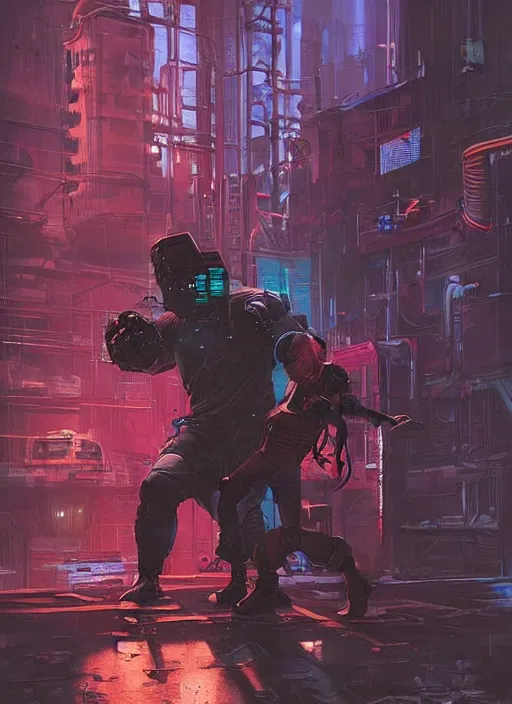 Prompt: Dumb Thug. Buff cyberpunk meathead fighting a small robot. Realistic Proportions. Epic painting by James Gurney and Laurie Greasley. Moody Industrial setting. ArtstationHQ. Creative character design for cyberpunk 2077.