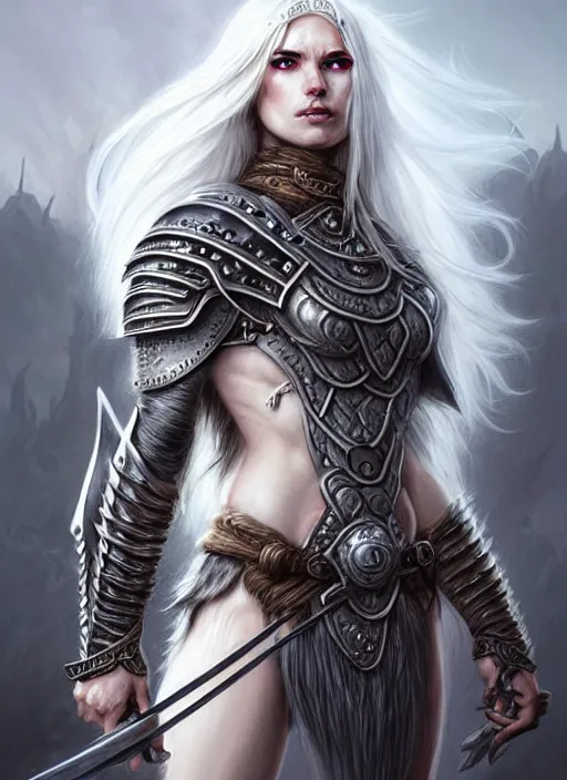 Image similar to barbarian, plated armor!!! long wild white hair!! fantasy, d & d, intricate ornate details, digital painting, beautiful eyes!, pretty face!!, symmetry, concept art, sharp focus, illustration, art by artgerm! greg rutkowski magali villeneuve wlop! ilya kuvshinov!!, octane render